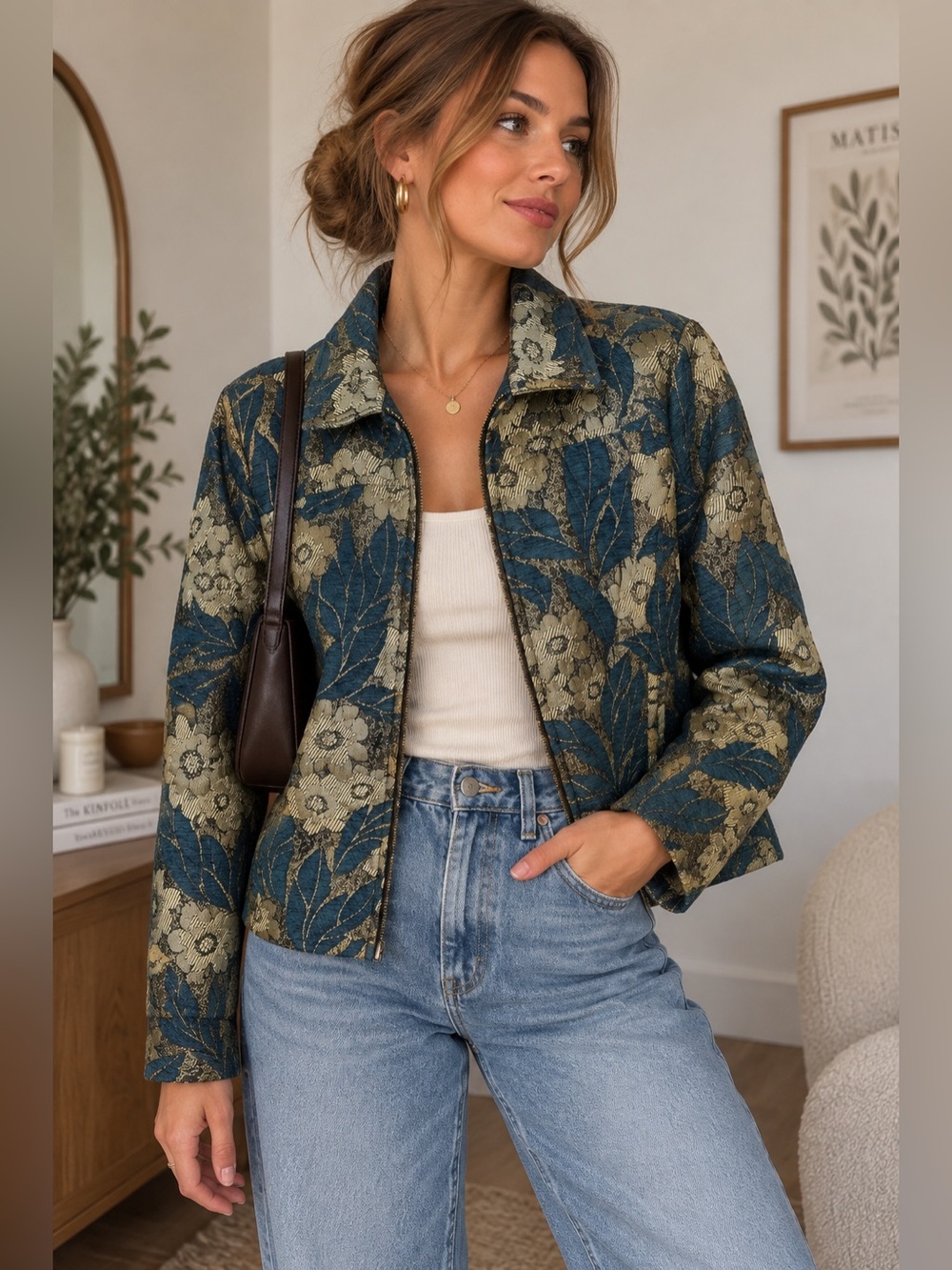Erin London Brocade Tapestry Floral Jacket L Teal Gold Grandmacore